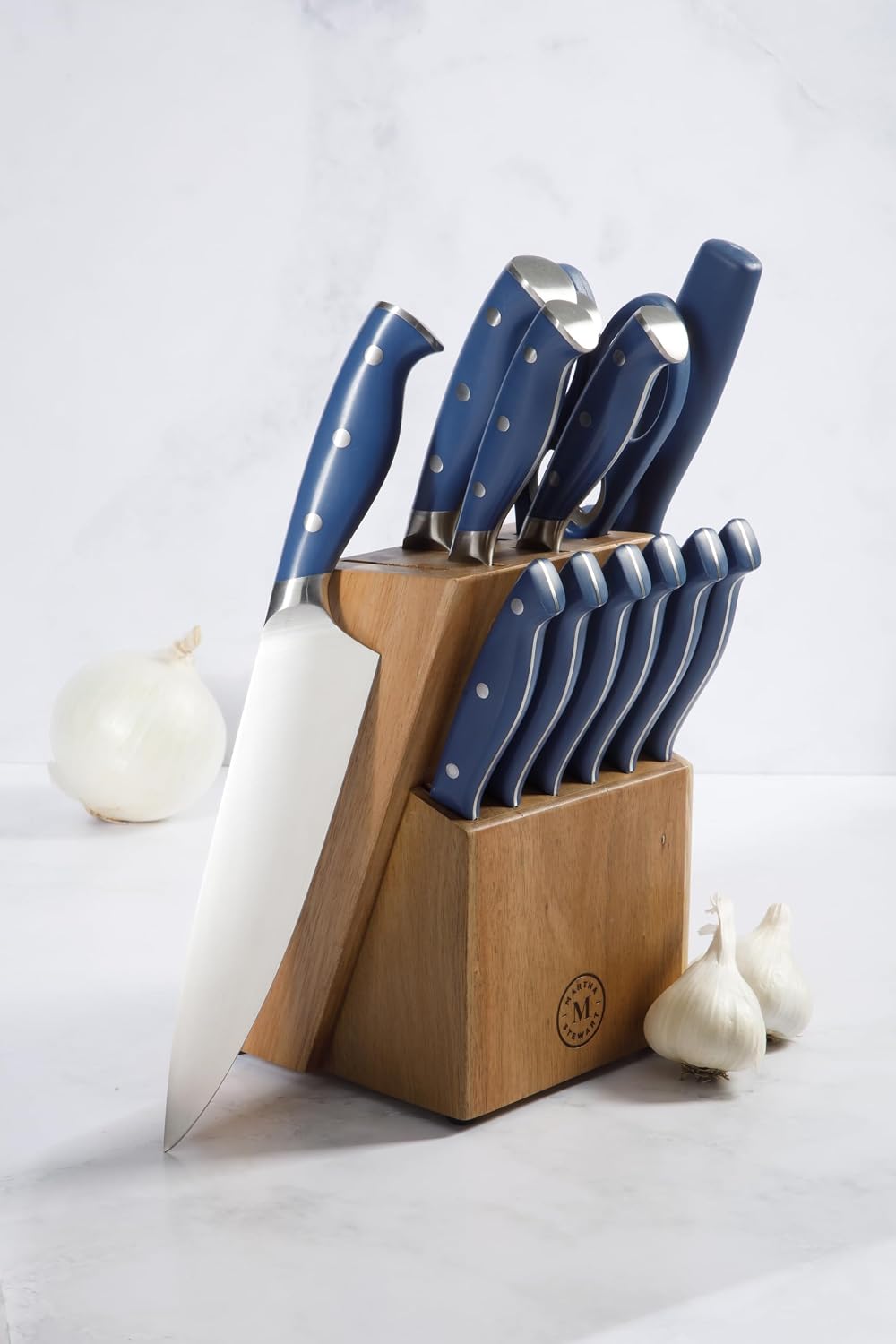 Greeley Forged High Carbon Stainless Steel 14 Piece Knife Block Set, Navy Blue Kitchen Knife Set with Acacia Wood