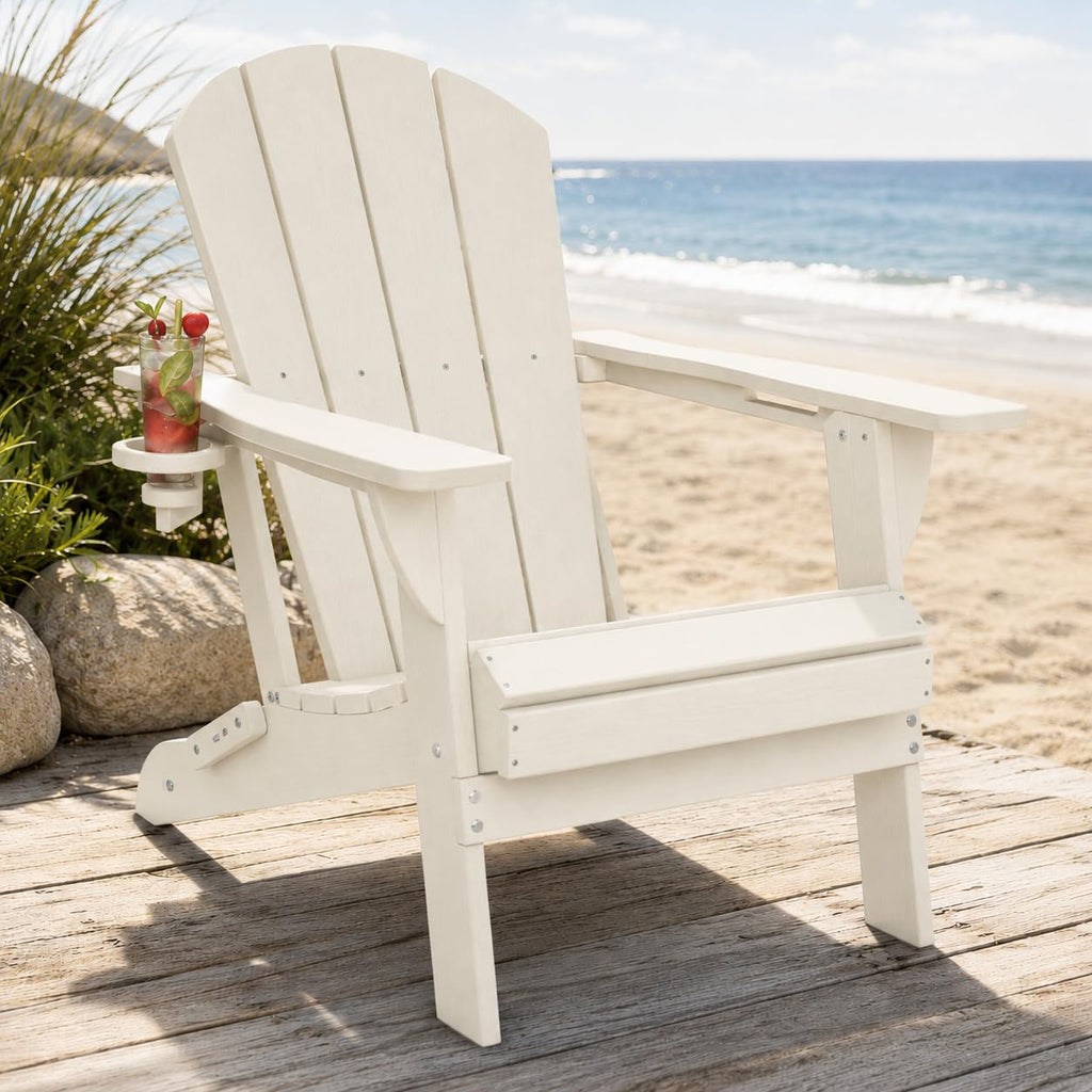 Folding Adirondack Chair with Cup Holder and Phone Holder, Heavy Duty HDPE Plastic Outdoor Lounger, All-Weather