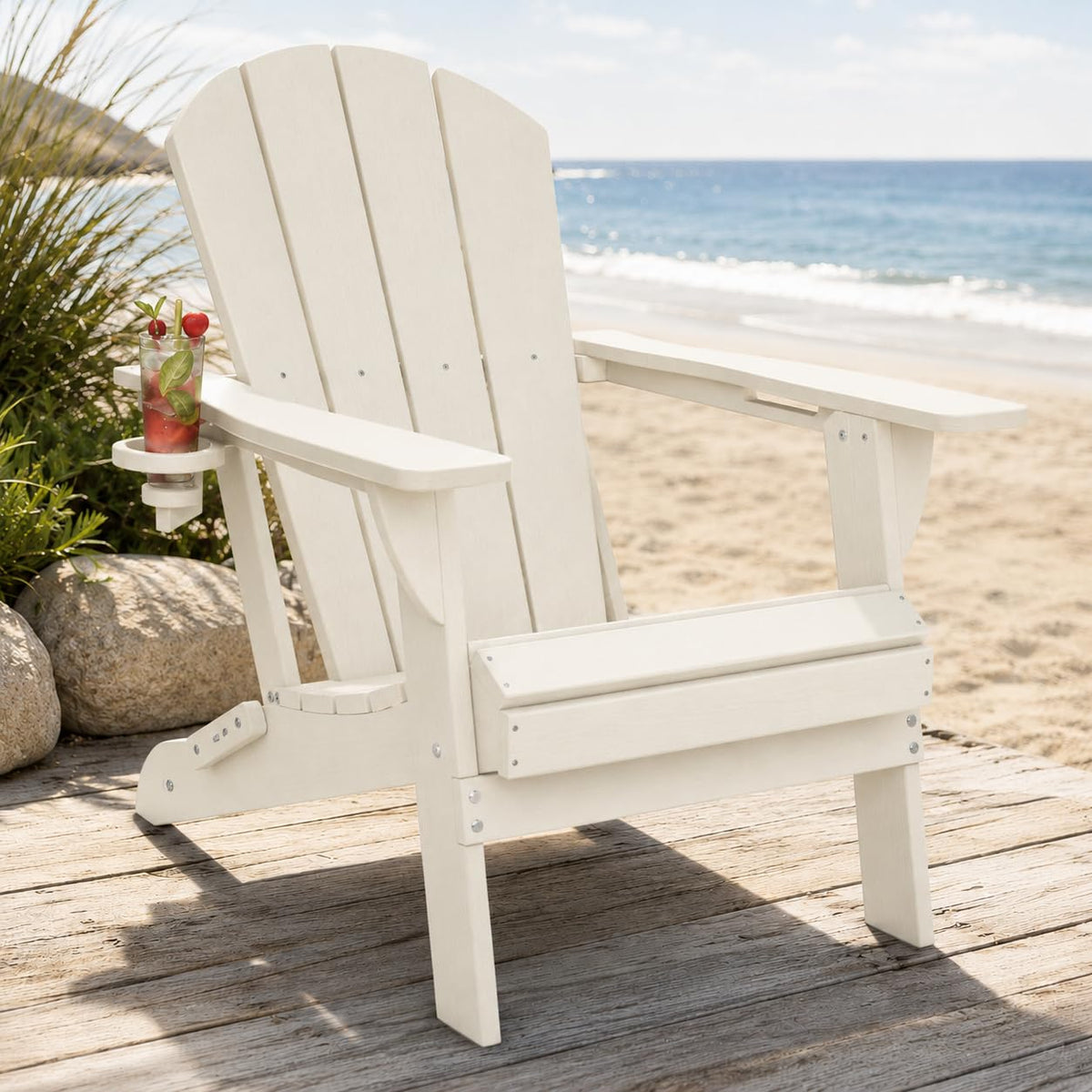 Folding Adirondack Chair with Cup Holder and Phone Holder, Heavy Duty HDPE Plastic Outdoor Lounger, All-Weather