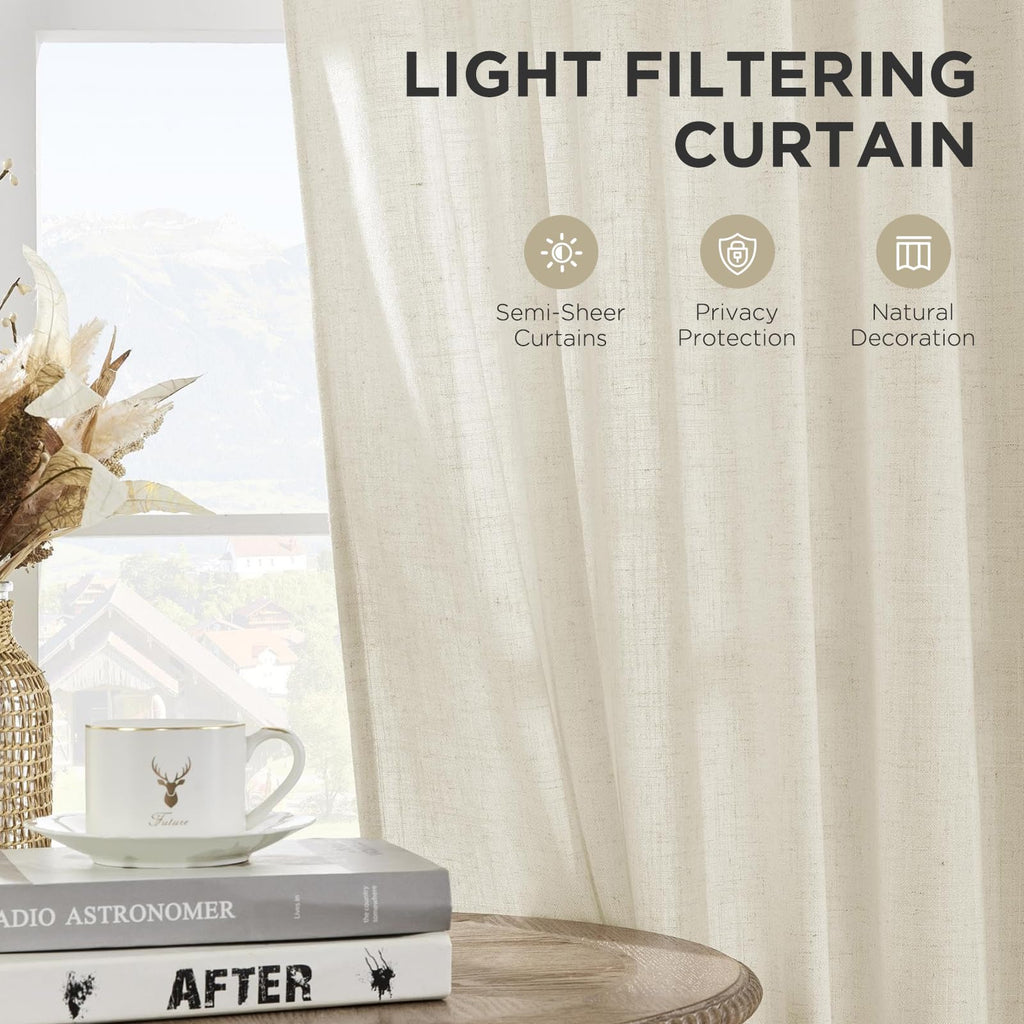 Linen Curtains 96 inch Length 2 Panel Set, Light Filtering Curtain Bedroom, 52 inch Wide Drapes with Rod Pocket Back