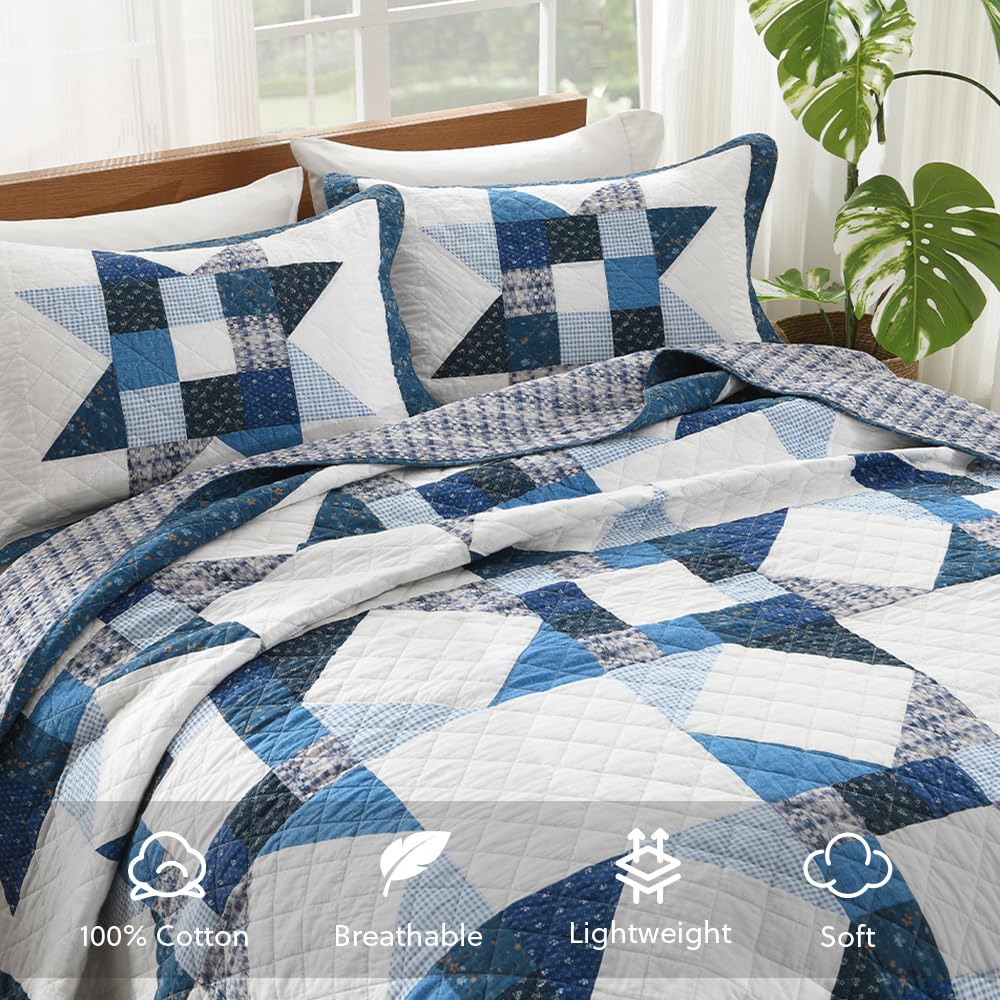 Cotton Quilt Bedding Sets 3 Pieces Soft Reversible Coverlets Luxury Star Real Patchwork Bedspread, Blue White