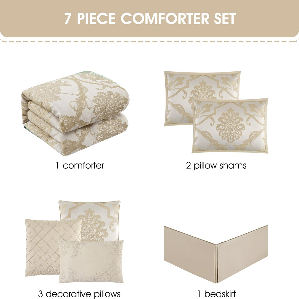 7 Piece Gold Comforter Set, Elegant Floral King Size Bedding, Jacquard with Matching Solid Microfiber Piece Work, All