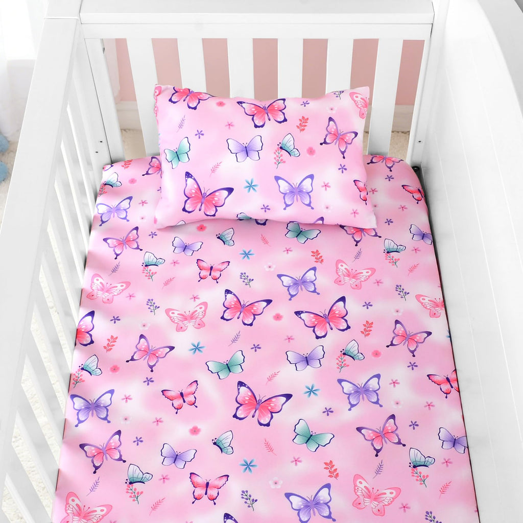 3 Piece Crib Bedding Set for Baby Girls Boys Pink Butterfly