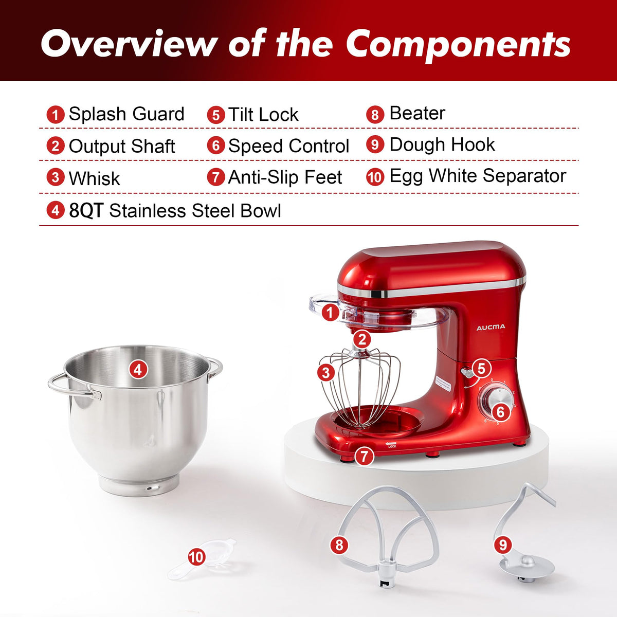 Stand Mixer, 8QT 900W 6-Speed Tilt-Head Food Mixer, Kitchen Electric Mixer with Dough Hook, Wire Whip & Beater