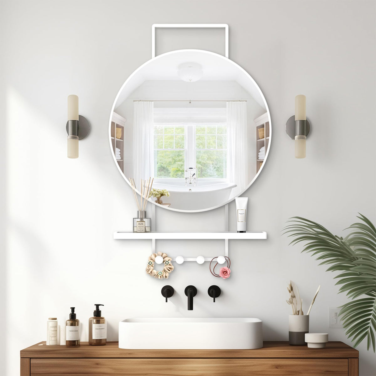 Wall Mirror with Shelf and Hooks, Vertical Mount, 32x22 Inch White