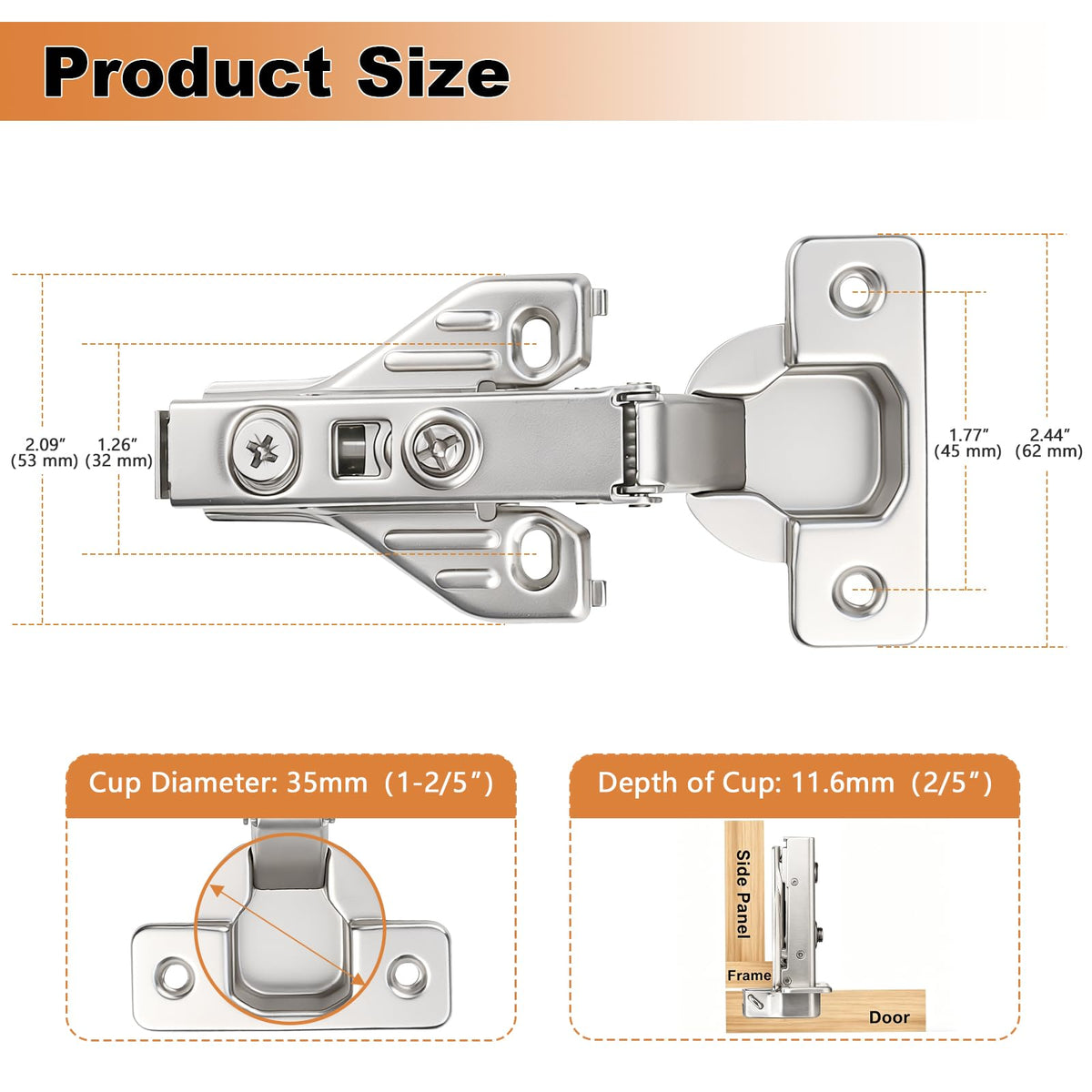 Full Overlay Soft Close Clip On Face Frame Mounting Cabinet Hinges, Nickel Plated Door Hinges, Concealed Screws 105
