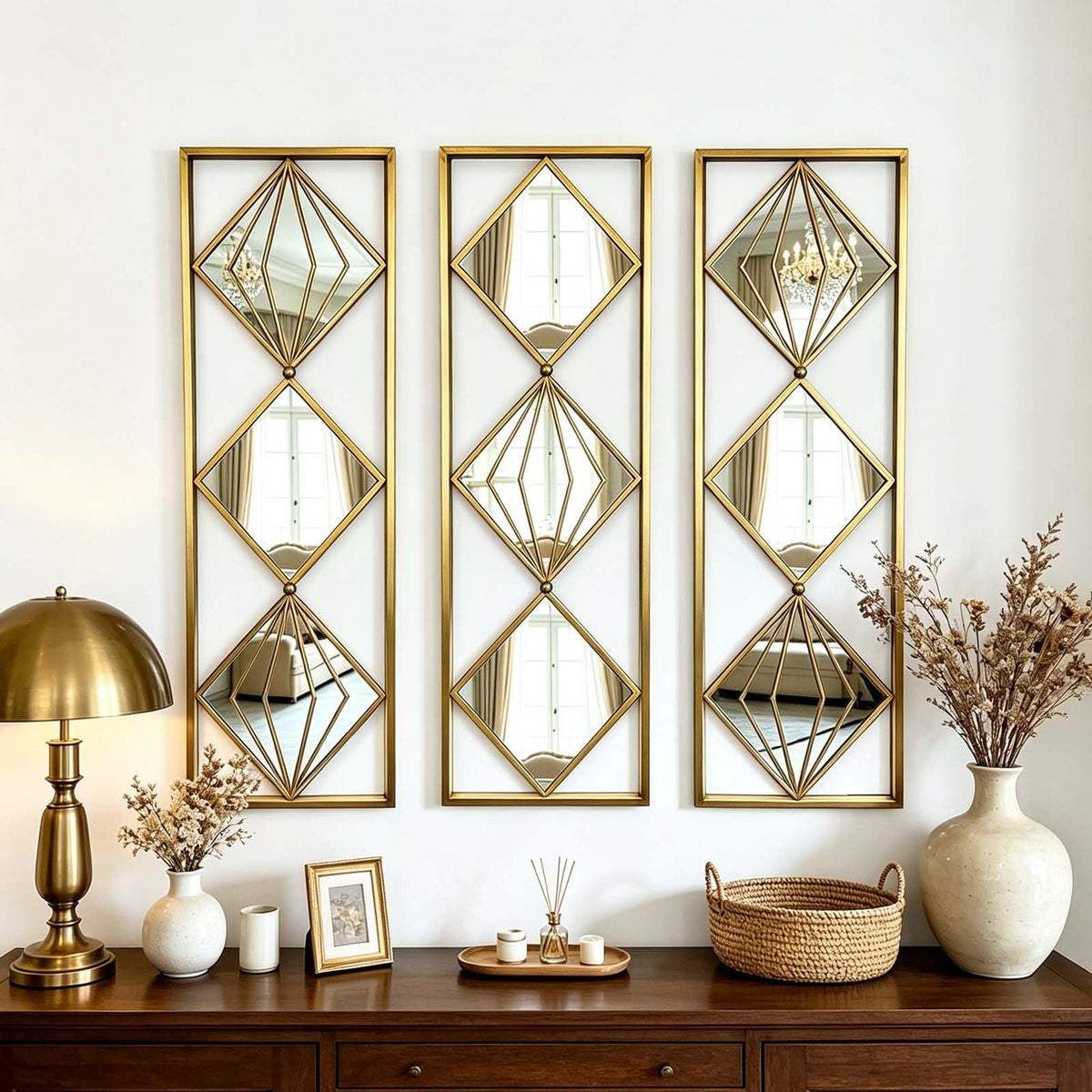 Set of 3 Gold Wall Mirrors, Large Geometric Decorative Mirrors with Metal Frames, Diamond Pattern Wall Mirror Decor