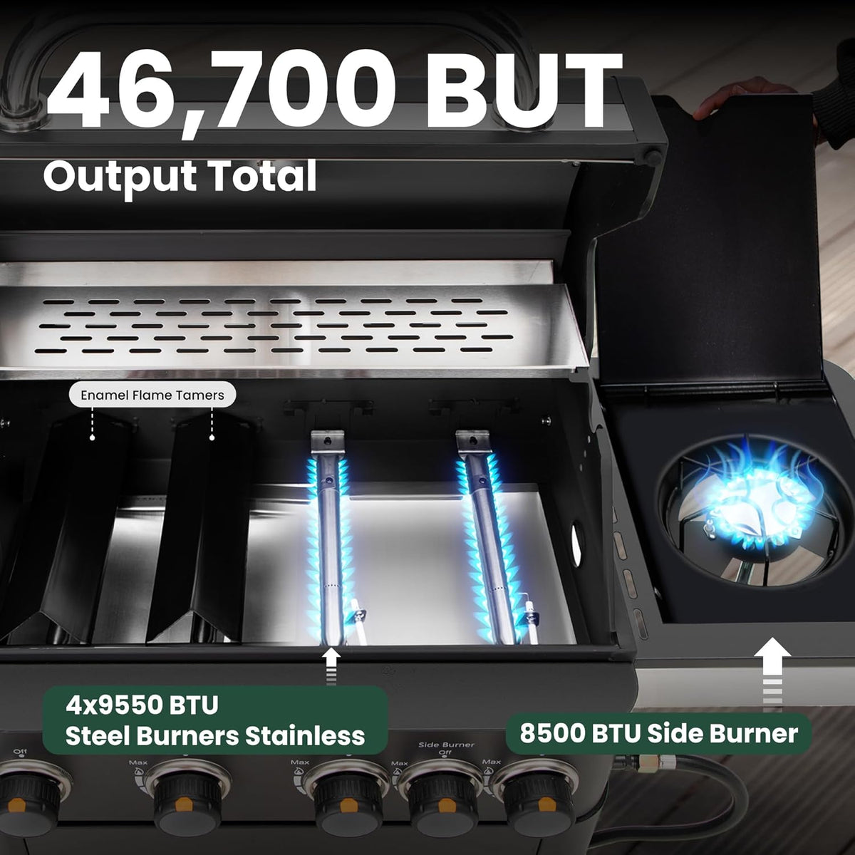 2-in-1 Propane Gas Grill with Side Burner, 4-Burner Flat Top Grill, 46,700 BTU Outdoor BBQ Propane Griddle for Patio, Backyard, and Camping