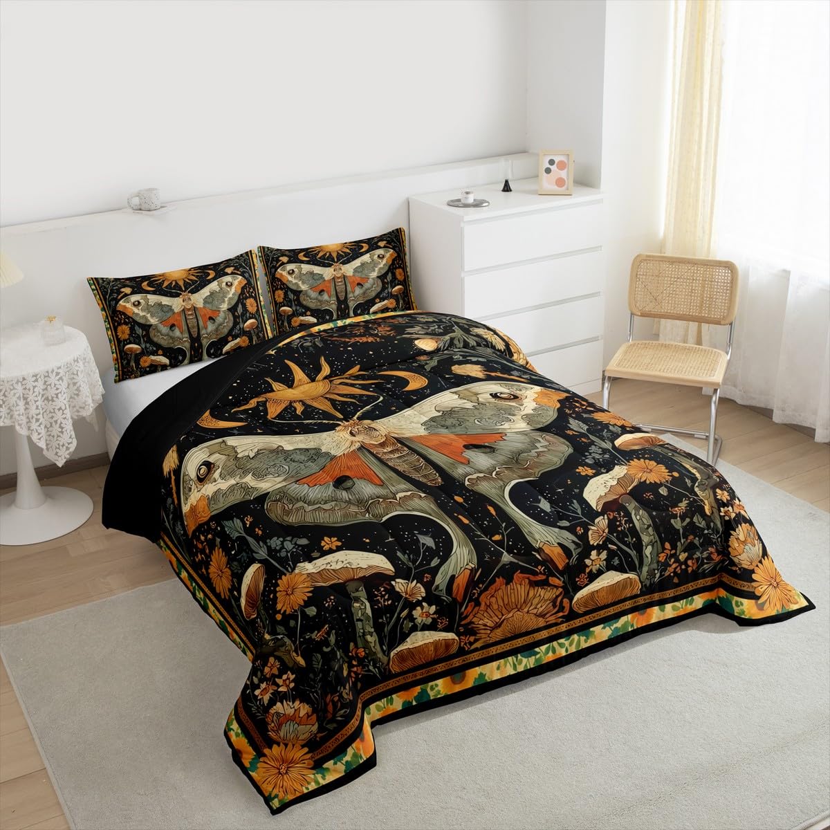 Mystical Luna Moth King Size Comforter Set, for Boho Room Decor
