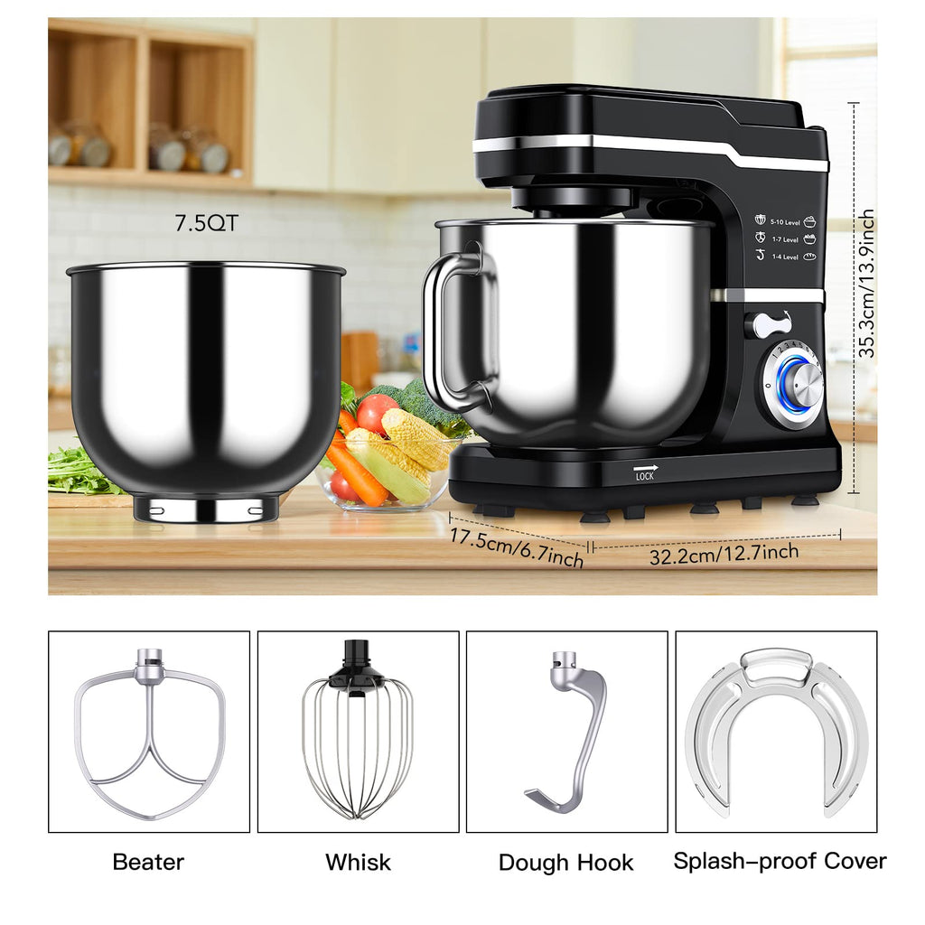 7.5 QT Stand Food Mixer, 10-Speed Tilt Head 3 in-1 Kitchen Electric Mixer with Stainless Steel Bowl, Egg Whisk, Dough