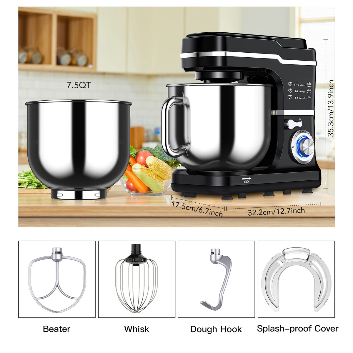 7.5 QT Stand Food Mixer, 10-Speed Tilt Head 3 in-1 Kitchen Electric Mixer with Stainless Steel Bowl, Egg Whisk, Dough