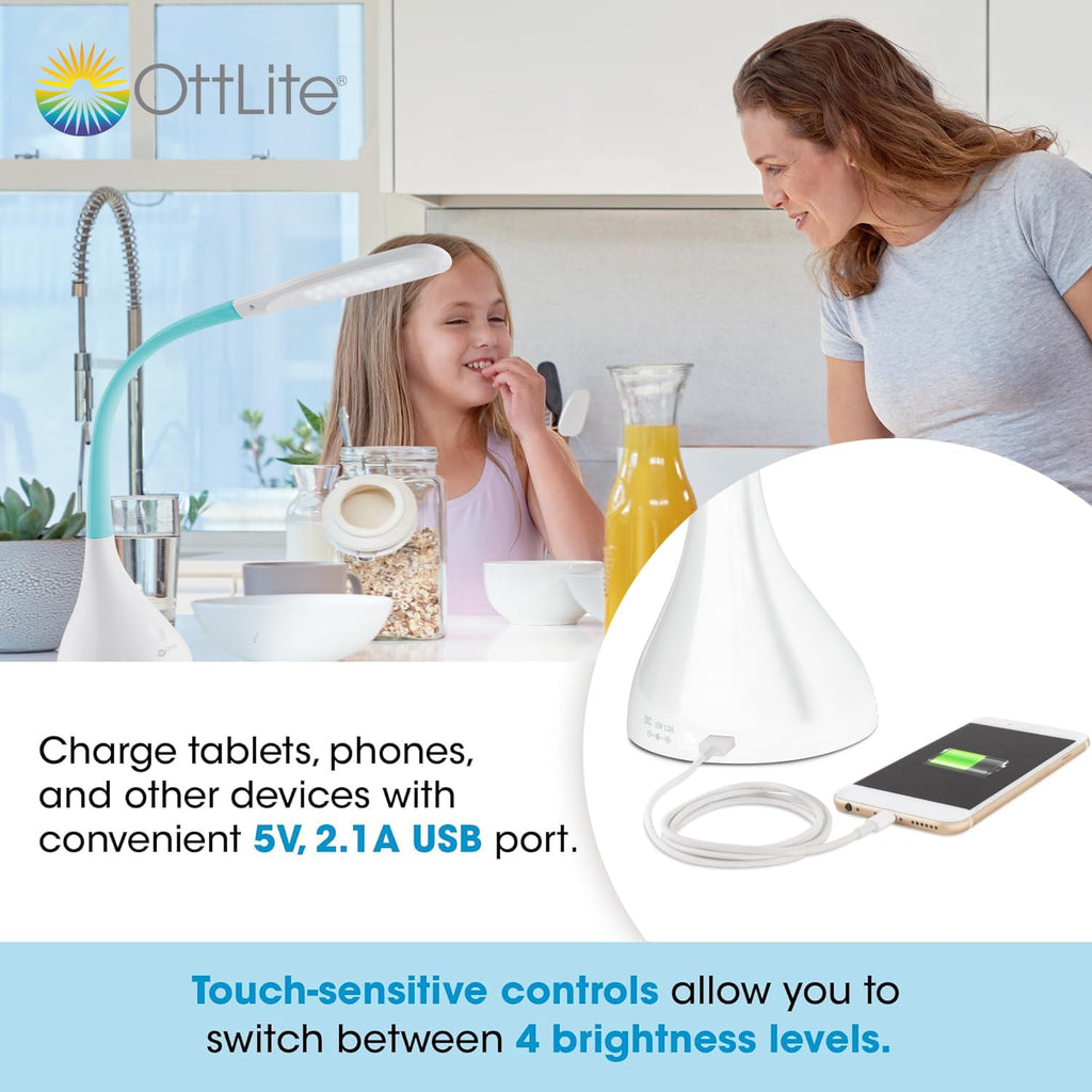 Creative Curves LED Desk Lamp with USB Port, White with Turquoise