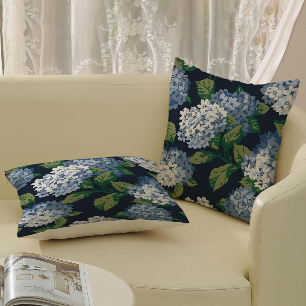 Navy Blue Floral Throw Pillow Covers 22x22 Inch 2 Pcs Blue Green Hydrangea Flower Decor Pillow Covers Spring Summer