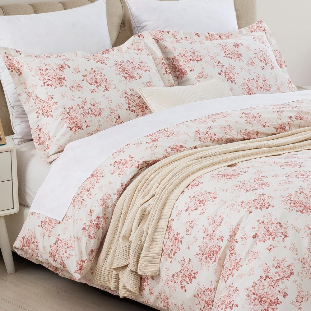 Duvet Cover Set - 90"x90" Cover + 2 Shams, 100% Cotton Print Bedding Sets, Toile Rose Floral Pattern, Pale