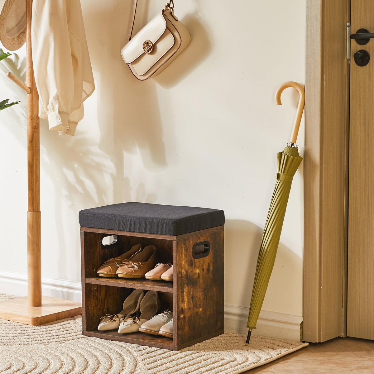 Small Shoe Storage Bench with Cushion, Rustic Brown