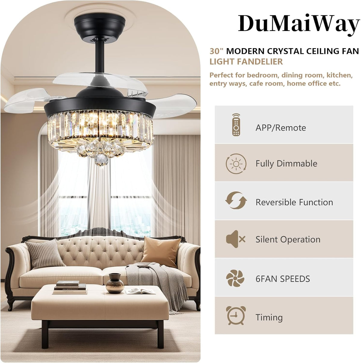 30" Crystal Retractable Ceiling Fan with Light