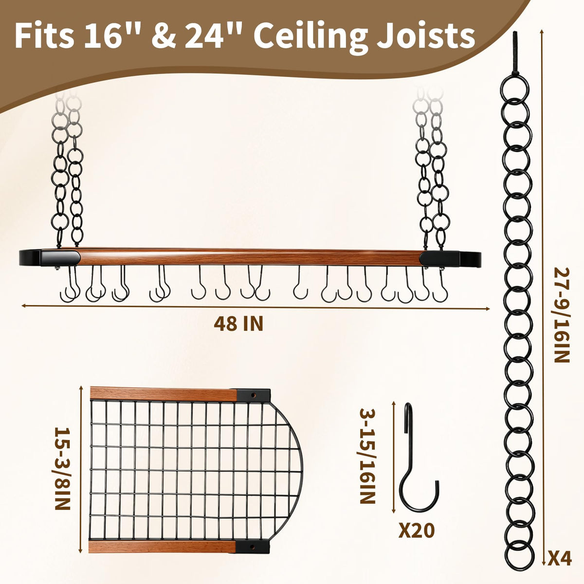 48 Inch Large Hanging Pot Rack Ceiling Mount,Heavy Duty Pot and Pan Rack with 20 Hooks,130 lbs Capacity Ceiling