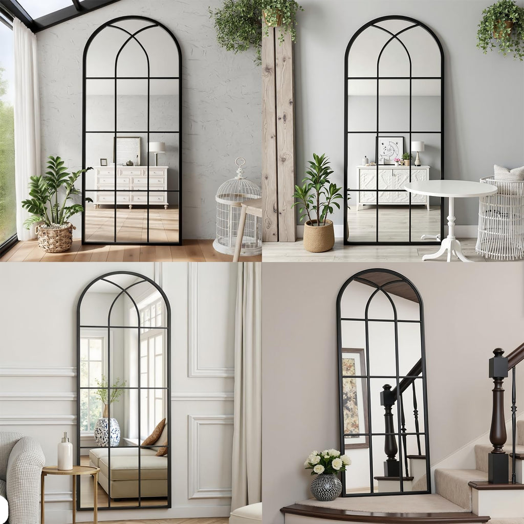 Arched Full Length Mirror, 56"x22" Windowpane Floor Mirror, Black