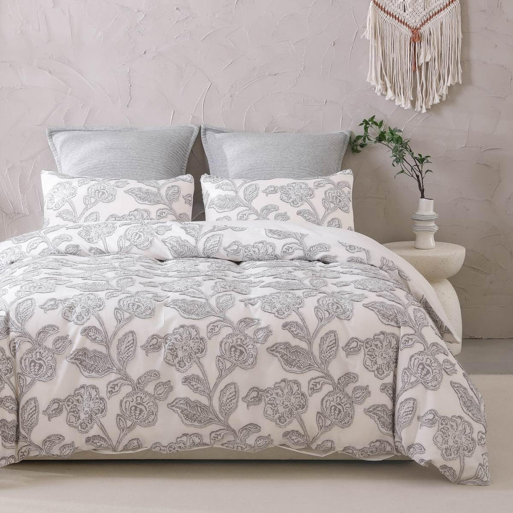 Cotton Clipped Jacquard Duvet Cover Set Queen, 3 Pieces Jacobean Floral Bedding Set (Grey, Queen)
