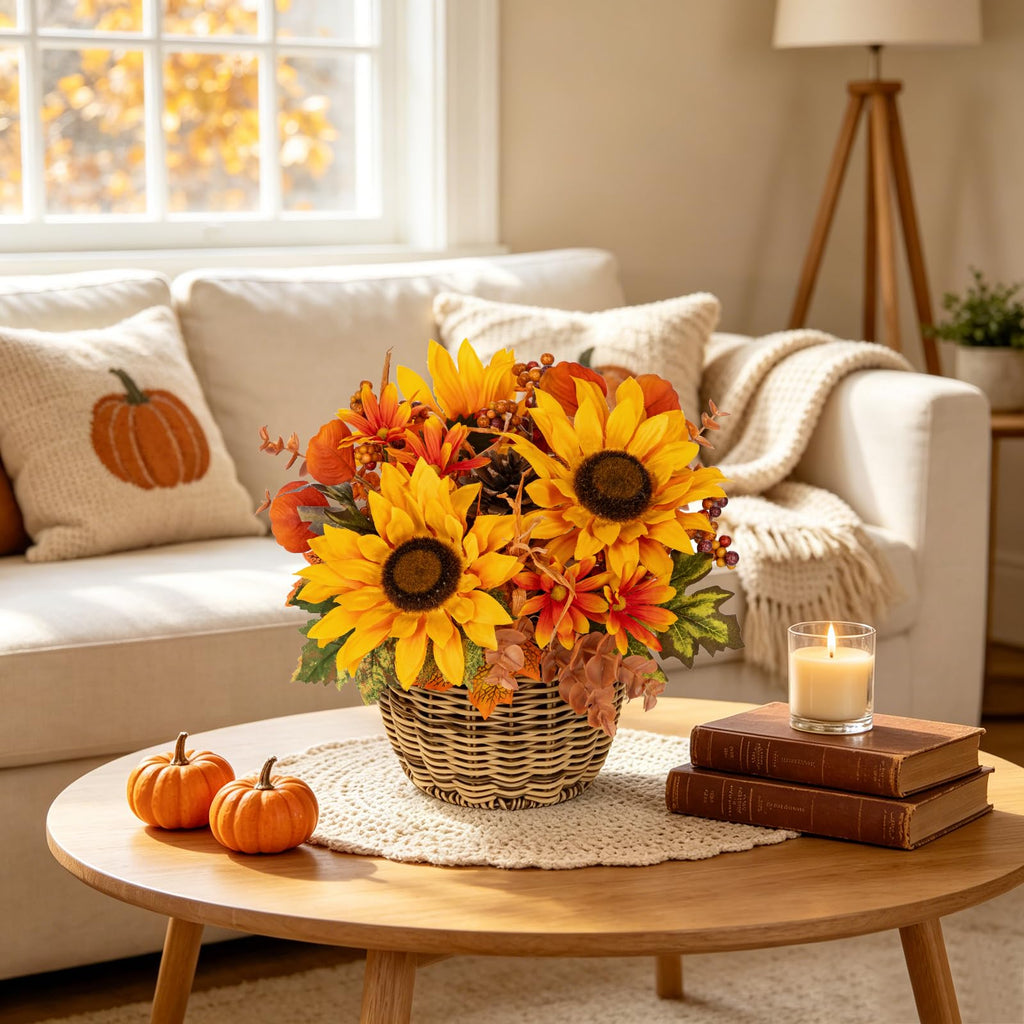 9.8" Artificial Sunflower Fall Centerpiece Arrangement in Woven Basket