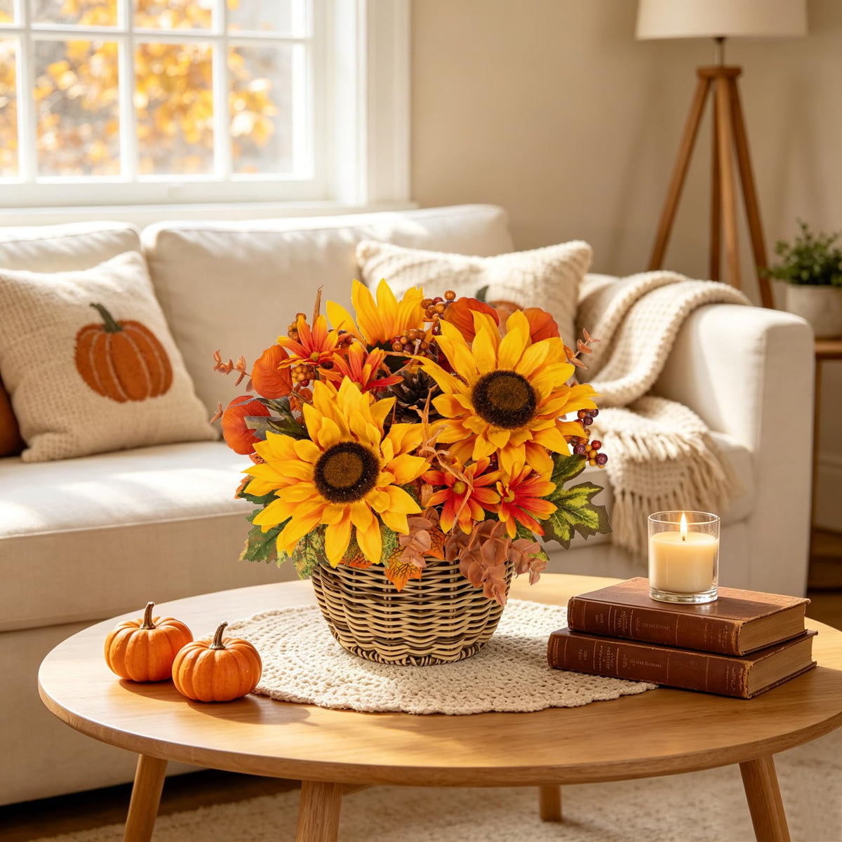 9.8" Artificial Sunflower Fall Centerpiece Arrangement in Woven Basket