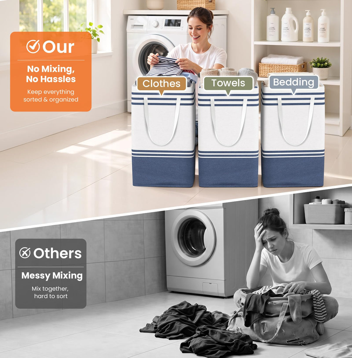 3-Pack Laundry Basket, Laundry Hamper, Blue-88L