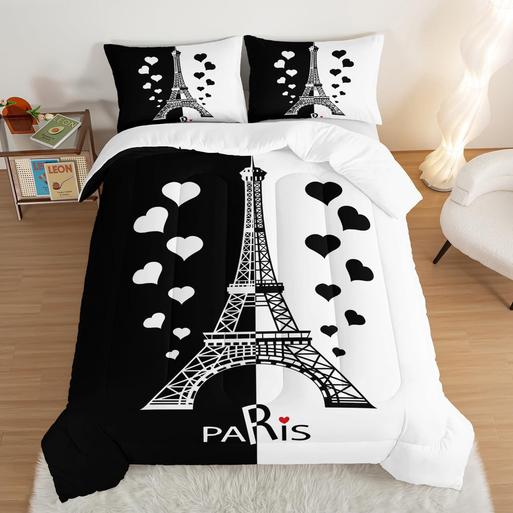 Black and White Stitching Love Heart Paris Bedroom Comforter Set, Eiffel Tower Modern French Style Bedroom