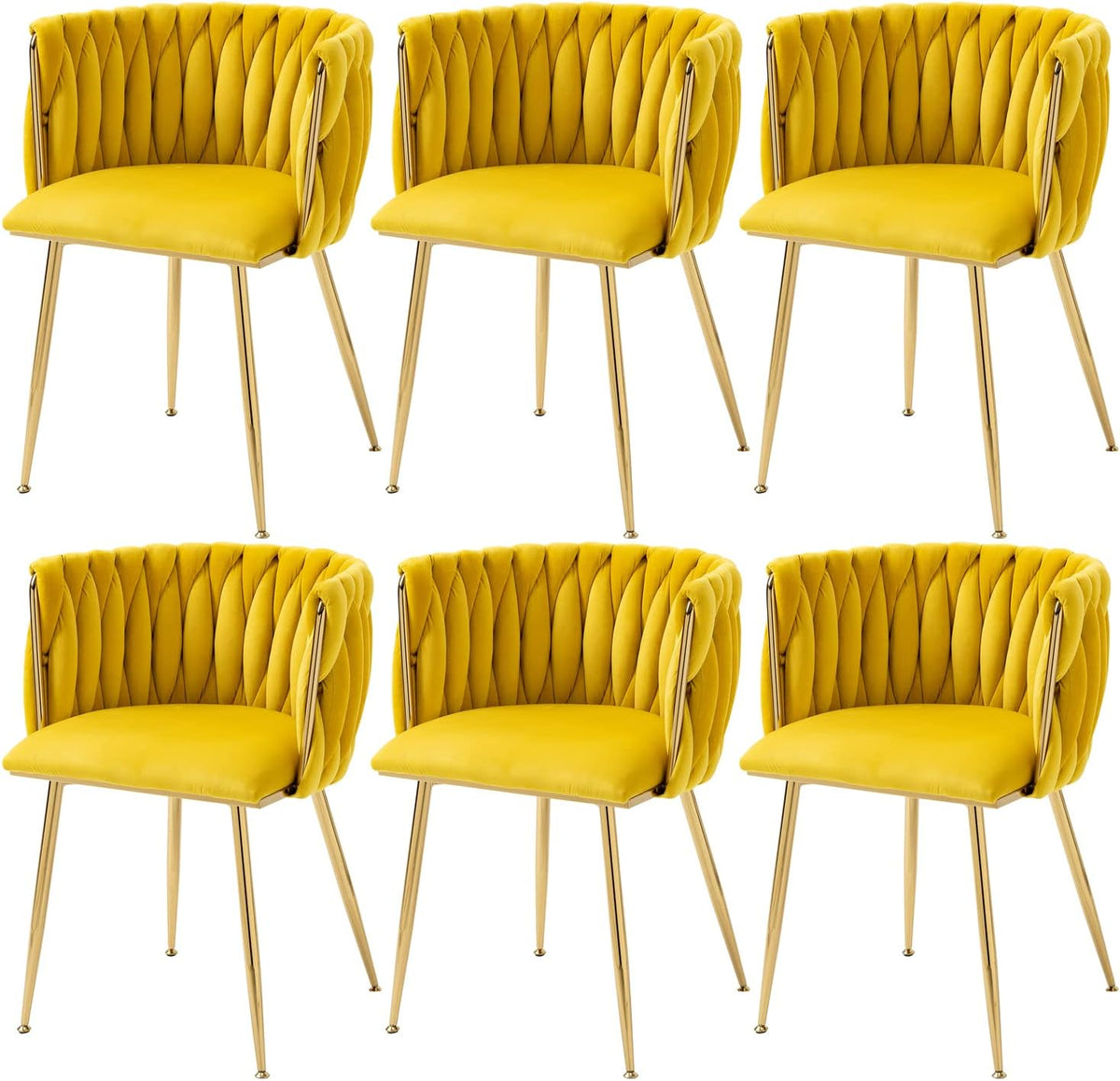 Woven Velvet Dining Chairs Set of 6, Upholstered Accent Chairs with Gold Metal Legs, Modern Dining Room Chairs, Yellow