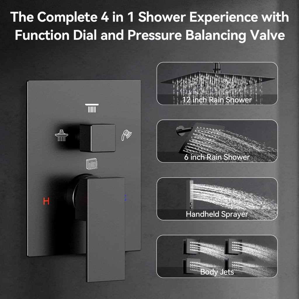 Shower System with Body Jets, Four Modes Shower Faucet 12+6" Rain Shower Head with Handheld Spray 2 Ways, 4Pcs Shower