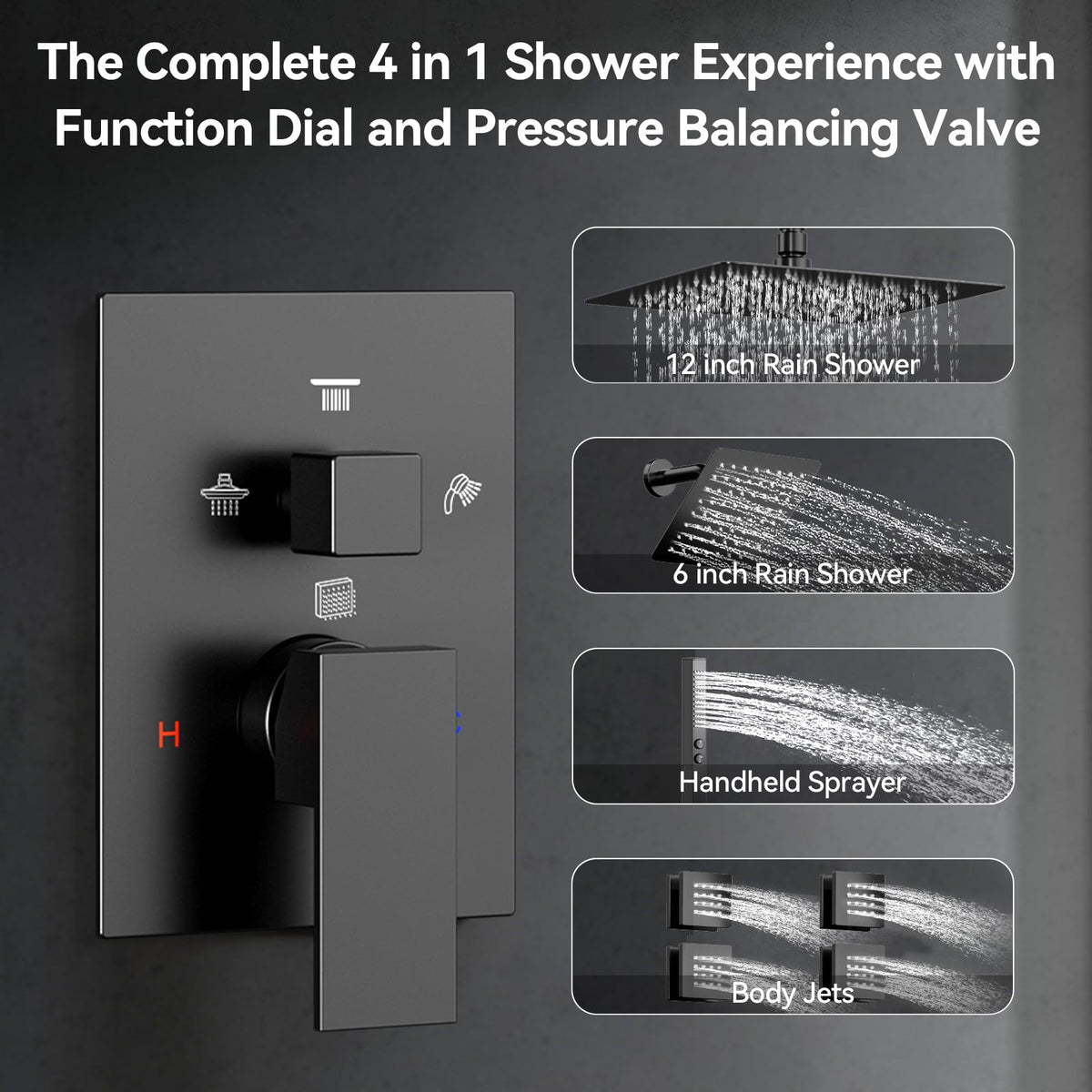 Shower System with Body Jets, Four Modes Shower Faucet 12+6" Rain Shower Head with Handheld Spray 2 Ways, 4Pcs Shower