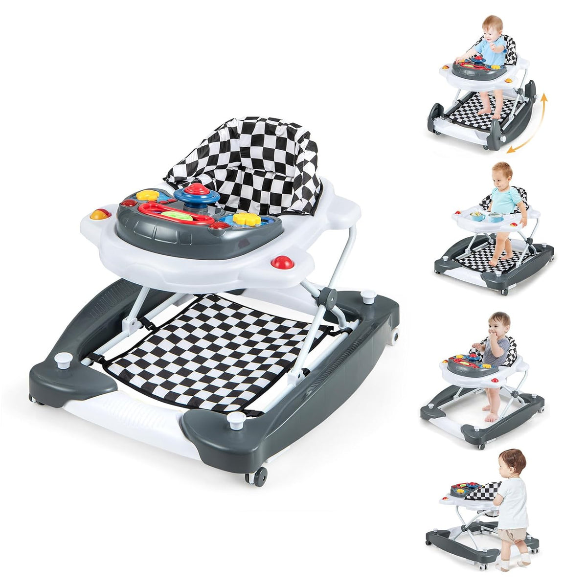 In-1 Baby Walker, Foldable Baby Walker with Wheels, Adjustable Height, Music, Lights, Bouncer & Rocker Mode, Baby