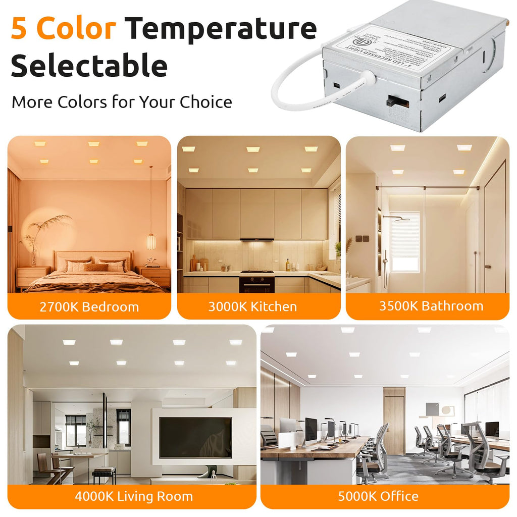 4 Inch Square LED Recessed Lighting 12 Pack, 5CCT, 9W, Dimmable