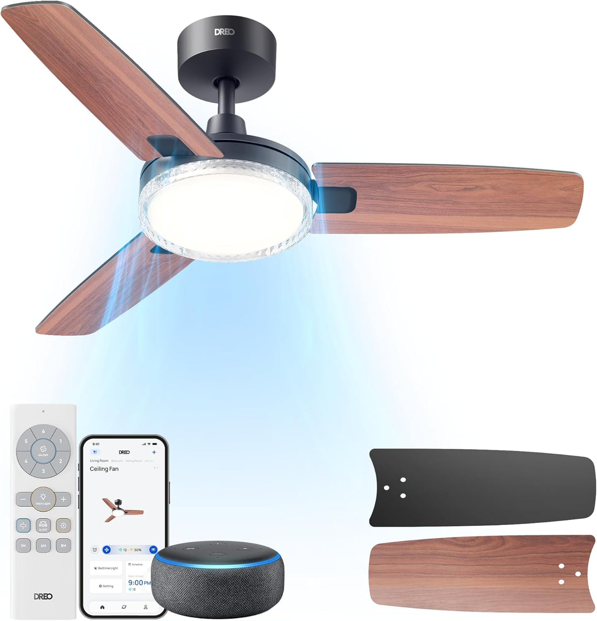 42" Black Smart Ceiling Fan with Light
