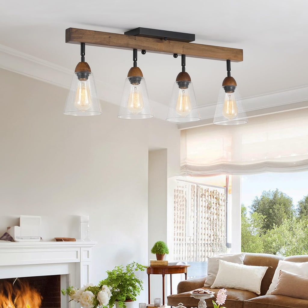4-Light Large Rustic Farmhouse Wood Flush Mount Ceiling Light Fixture Clear Seeded Glass Shade and Oak Wood Track