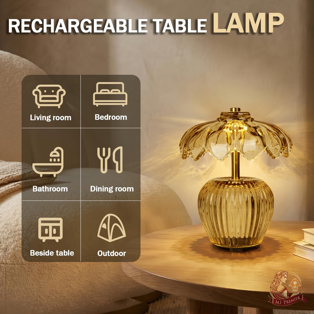 Rechargeable Table Lamp, Small Cordless Lamp with Timer, Yellow
