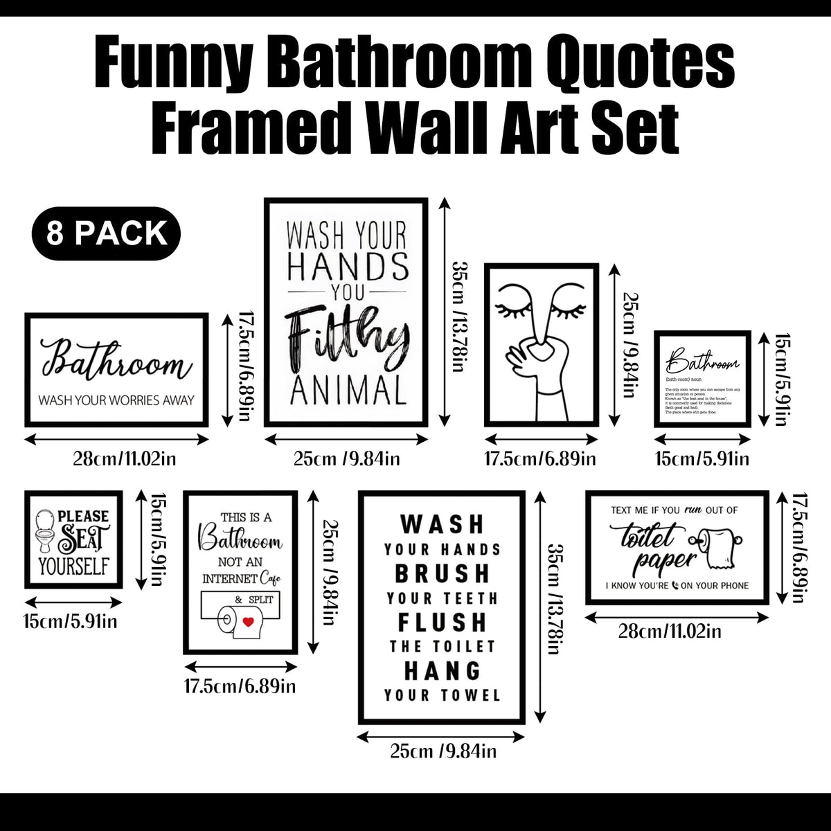 8 Set Bathroom Wall Decor Funny Blaclk and White