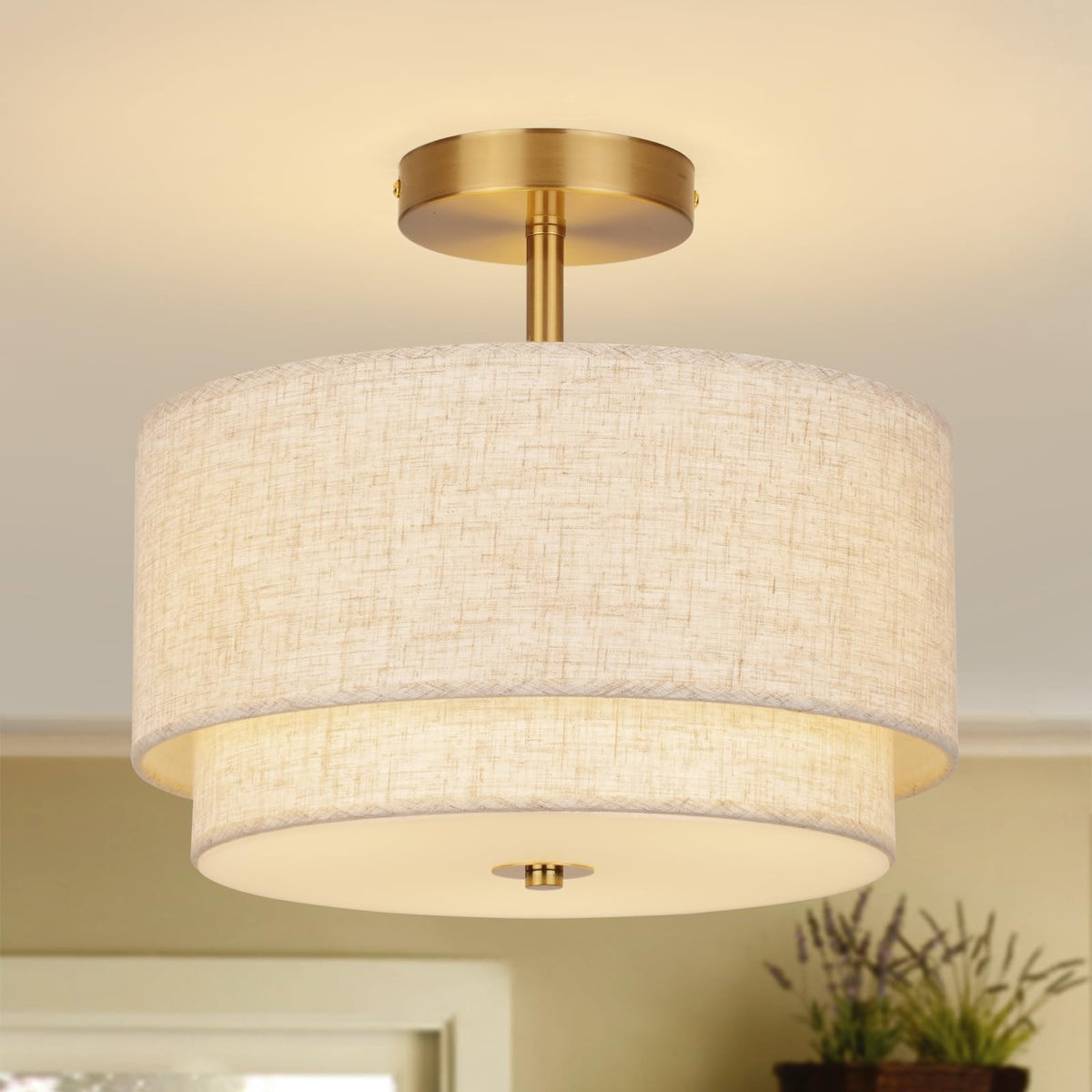 Semi Flush Mount Ceiling Light Fixture, 12.6'' Gold Light Fixtures Ceiling Mount, Modern Close to Ceiling Light with