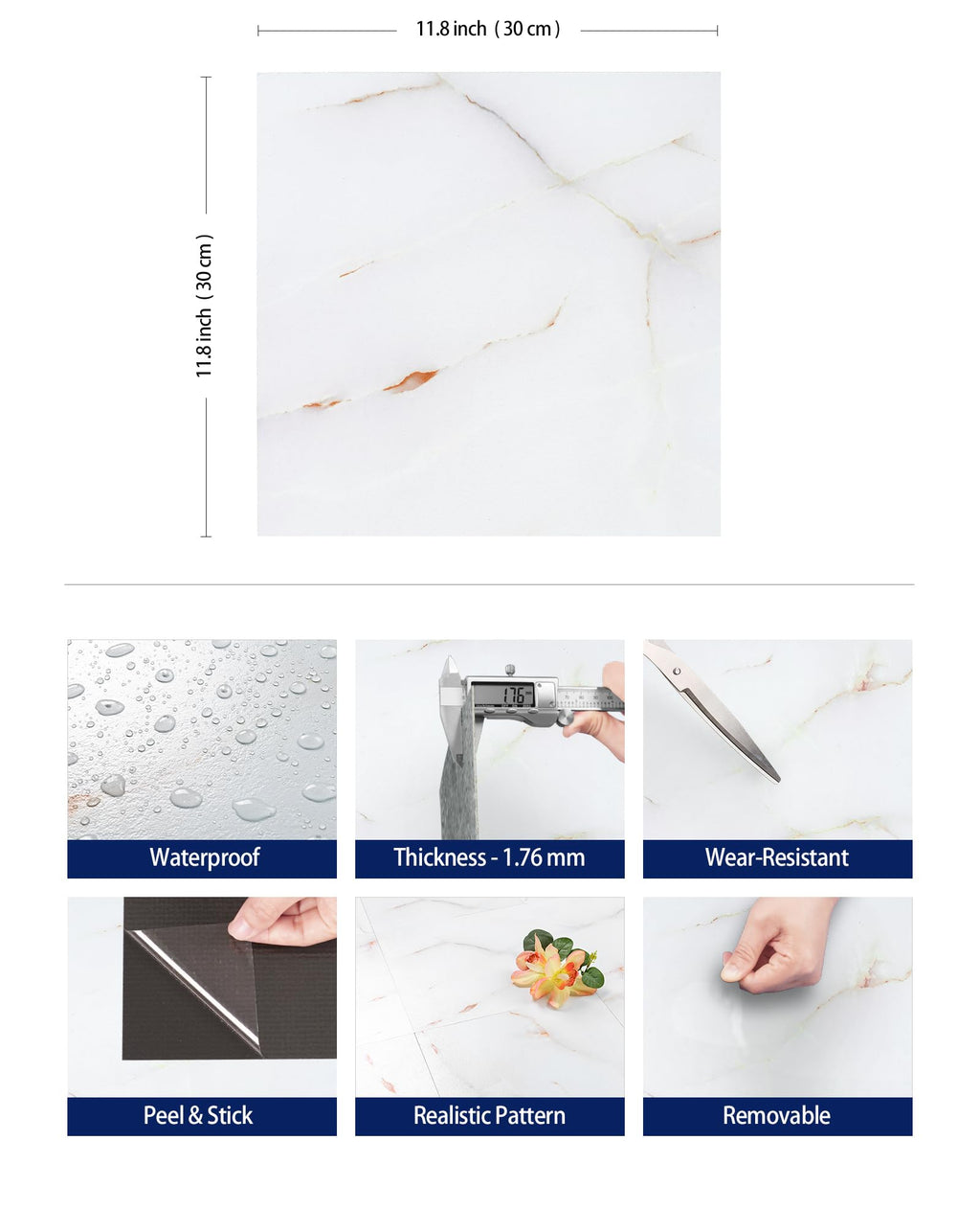 15-Sheet White Vinyl Flooring Peel and Stick Bathroom Floor Tiles Waterproof Pink Marble Peel and Stick Floor Tile