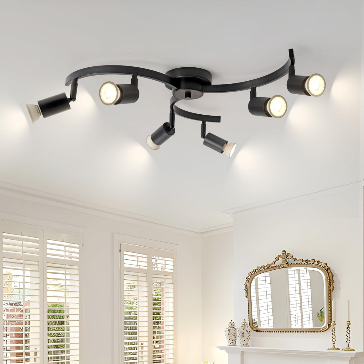 6 Light Track Lighting Fixtures Ceiling, Flexibly Rotatable Light Heads, Black Semi Flush Mount Ceiling Light Dining
