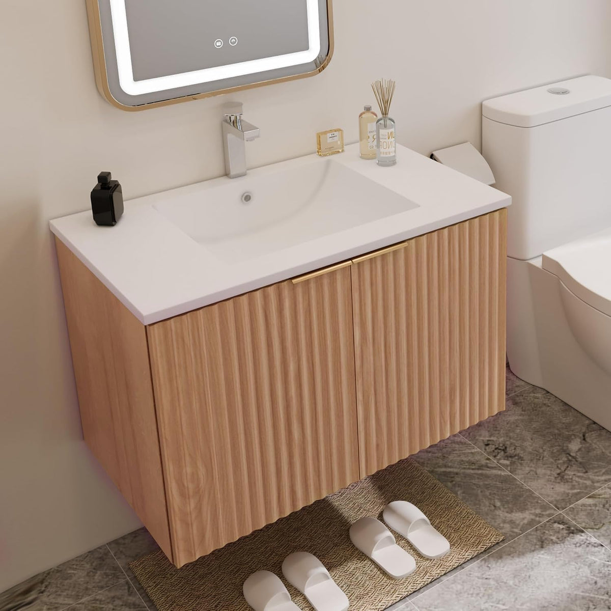 Modern Bathroom Vanity with Sink and Wavy Textured Doors