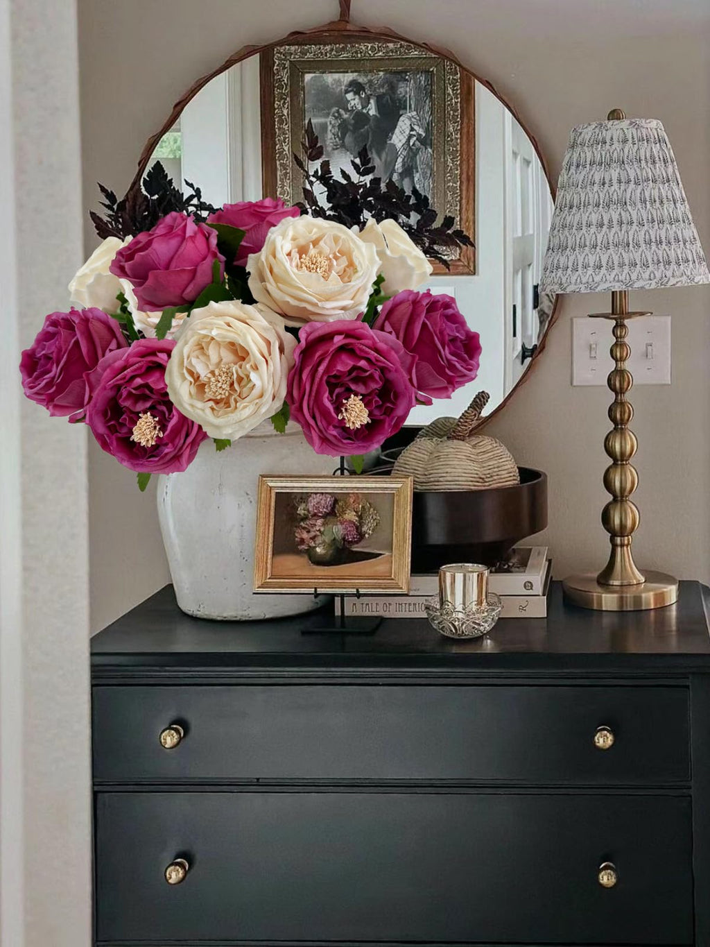 3.5'' Big Bloom Champagne Rose Artificial 4Pcs Real Touch Rose Faux 17.7Inch Long Stem Austen Roses Peonies Fake for