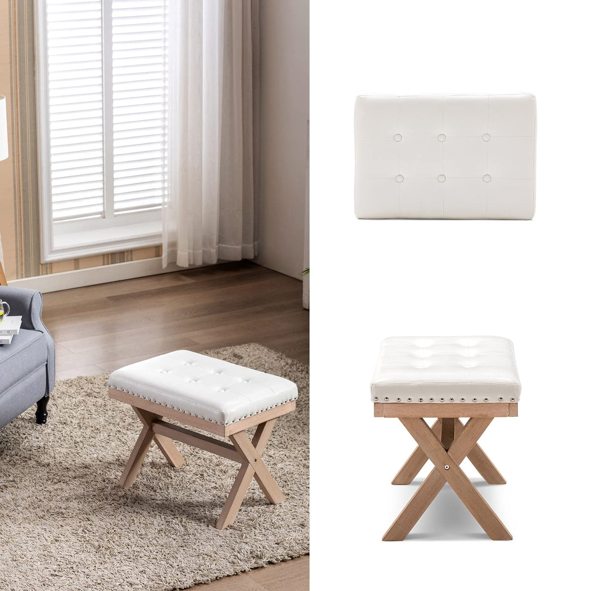 Bench Ottoman Faux Leather Upholstered Entryway Bedroom Bench Footstool Seat with X-Shaped Wooden Legs Bedroom Living