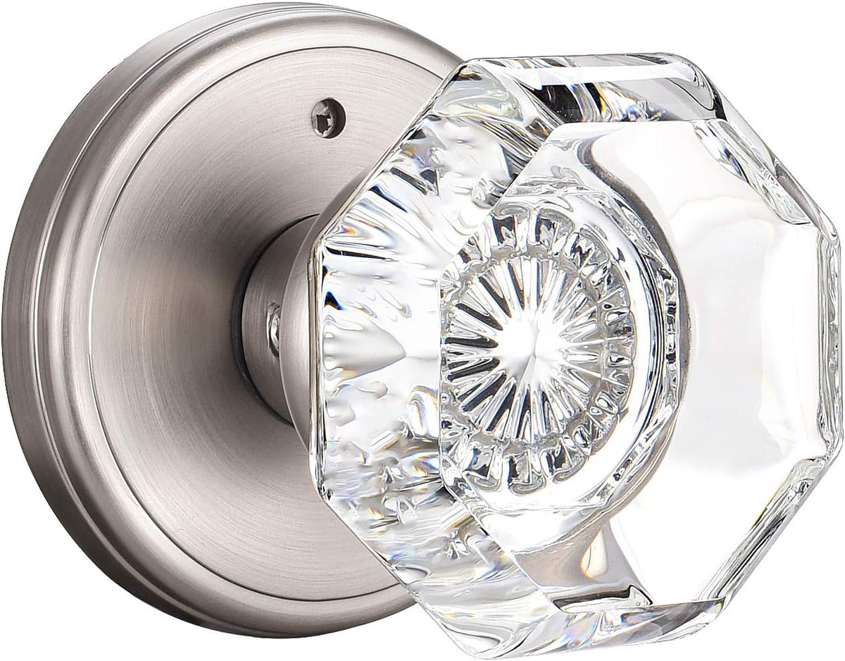 Crystal Glass Door Knobs Interior, Modern Bathroom Bedroom Door Knobs with Lock Privacy Function, Satin Nickel