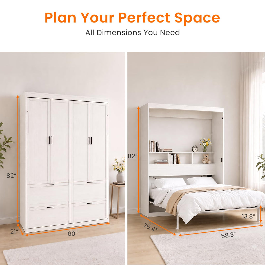 Electric Vertical Full Murphy Bed with Storage Shelf-White