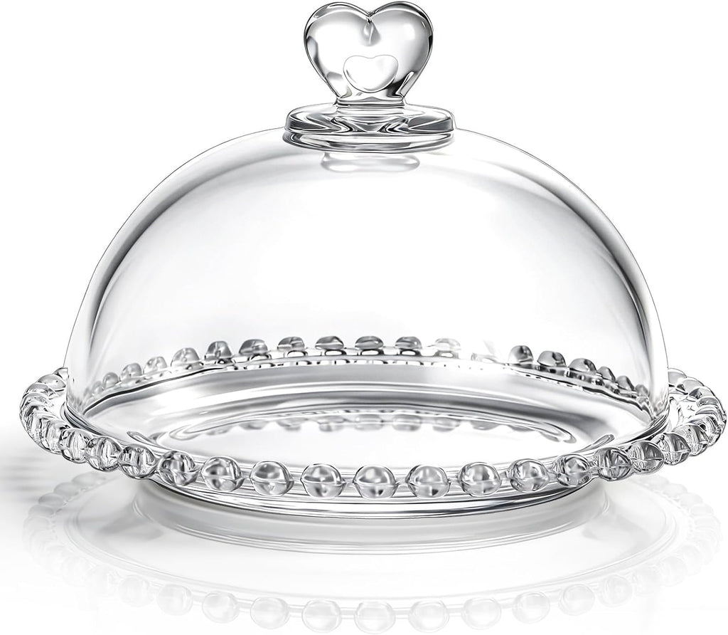 7" Clear Glass Cake Plate with Lid, Mini Crystal Cake Stand with Cloche Dome Cover, Dessert Cheese Serving Platter