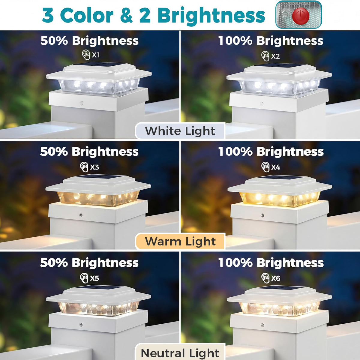 4x4 Solar Post Cap Lights Outdoor 12Pack- 3 Color Temperatures&2 Level Brightness, IP65 Waterproof, 16 LED Fence Deck