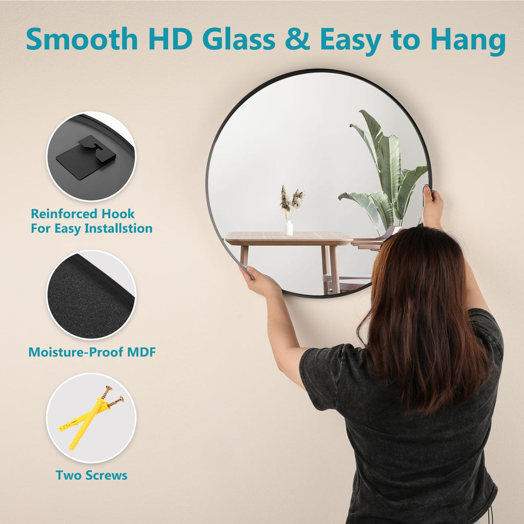 Black Round Mirror 20 Inch, Wall Circle Mirror, Matte Framed