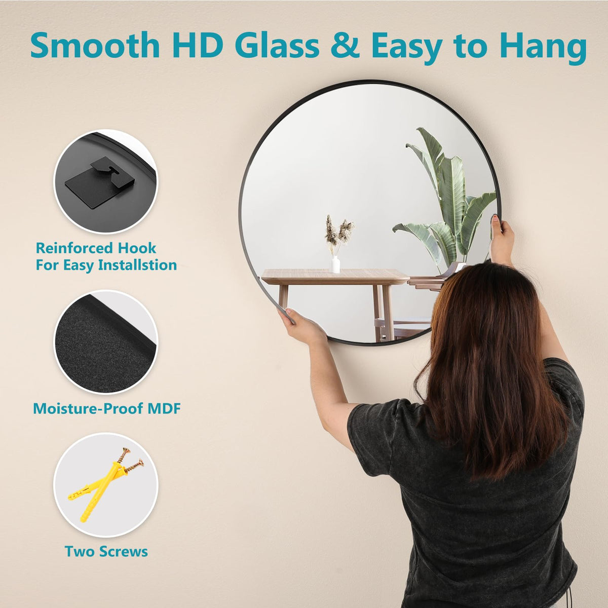 Black Round Mirror 20 Inch, Wall Circle Mirror, Matte Framed