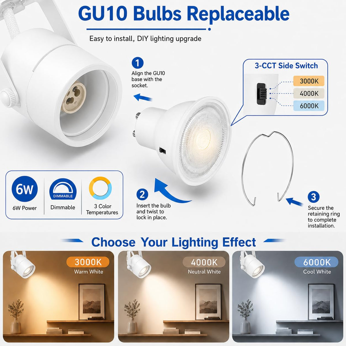 6FT LED Track Lighting Kit with 3-Color GU10 Bulbs, Dimmable 6 Lights White