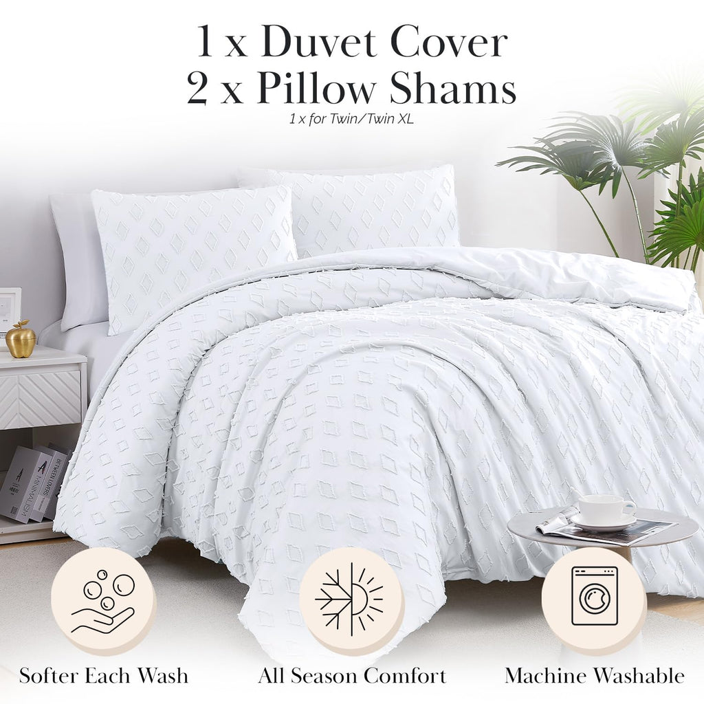 Jacquard Tufted Diamond Pattern Twin/Twin XL Boho Duvet Cover Set - 3-Piece Boho Duvet Cover with Zipper Closure